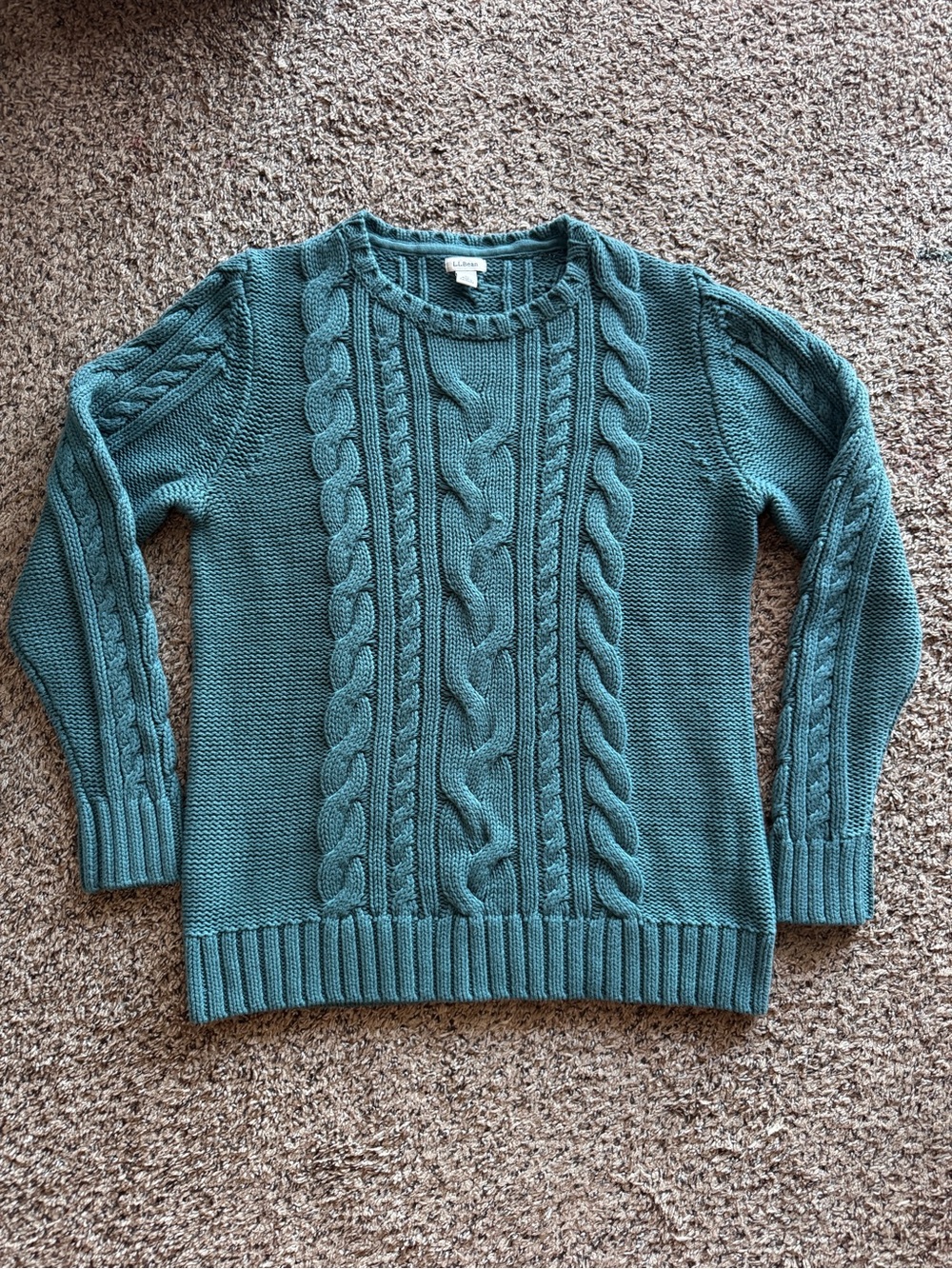 LL Bean Chunky Cable Knit Teal Blue Cotton Heavyweight Sweater Women’s Large
